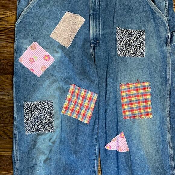 VTG Pointer Brand Denim Bib Overalls Womens XL (READ) Patchwork Western USA - Picture 3 of 16